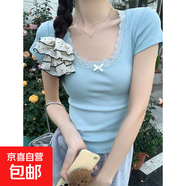 蕾絲蝴蝶結(jié)彈力螺紋辣妹短袖T恤女顯瘦短袖短款露臍上衣SJ#A25 藍(lán)色 S 建議90斤以下