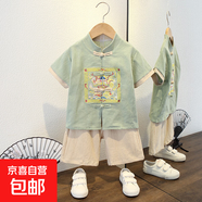 兒童裝漢服2025新款唐裝夏季寶寶男童夏款古裝男孩中國風古裝套裝 方格龍?zhí)籽b豆綠色 110