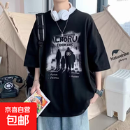 美式復古短袖T恤男士夏裝新款韓版潮牌百搭半截袖衣服ins寬松體恤 180-86人影-黑色   XL