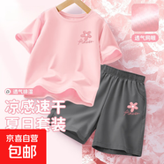 【2件套】女童運(yùn)動(dòng)套裝2025新款冰絲速干女大童夏裝衣服兒童短袖 線(xiàn)描花K粉+線(xiàn)描花K鐵灰 160