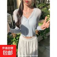 冰絲開衫 夏季輕薄外搭長袖針織開衫經(jīng)典百搭短上衣防曬衫女 藍色 均碼 85-130斤