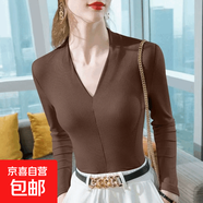 靜甜媛螺紋V領(lǐng)長(cháng)袖t恤女秋冬季修身內搭時(shí)尚氣質(zhì)打底衫上衣服 咖啡色 M （039）