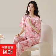 100%純棉女士睡衣潮流女款短袖七分褲二件套休閑居家家居服女 79902  蝴蝶結字母 XL 碼建議：110-130斤