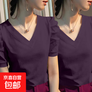 短袖t恤女2025新款夏純棉純色泡泡袖上衣V領(lǐng)修身顯瘦正肩爆款體恤 K7-葡萄紫+葡萄紫 M 建議85-105斤