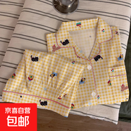 ins風(fēng)夏季薄款格子睡衣女可愛卡通短袖短褲韓版休閑少女居家套裝 套KK1603 M 【建議80-100斤】