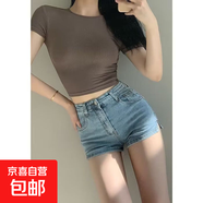 彈力牛仔褲高腰顯瘦黑色褲子緊身短褲直筒闊腿熱褲女夏季2023新款 灰色 M