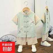 童裝男童夏季漢服兒童中國風(fēng)夏款短褲套裝寶寶女童短袖唐裝兩件套 白云鶴套裝豆綠色 120