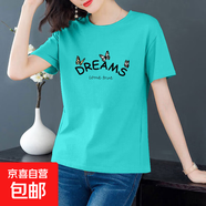 純棉短袖t恤女士夏季圓領(lǐng)百搭顯瘦女裝洋氣印花上衣服打底體恤衫 湖綠【DREAMS三蝶】 3XL 建議125-135斤】