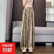 【寬松修身】闊腿褲女夏2025新款條紋花褲子松緊腰垂順休閑褲子 卡綠色 L
