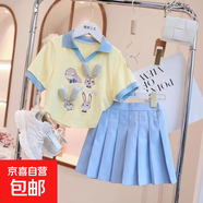 女童夏裝套裝裙多巴胺穿搭2025新款洋氣夏季中大童短袖褲子兩件套 藍色裙子套裝 150