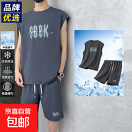 冰絲無(wú)袖套裝男休閑運動(dòng)兩件套夏季薄款寬松T恤背心籃球服 TZ5526 灰色 3XL （165-180斤）