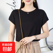 2025蝙蝠袖T恤女圓領(lǐng)夏季純色簡(jiǎn)約小飛袖休閑百搭寬松短袖體恤女 黑色 L