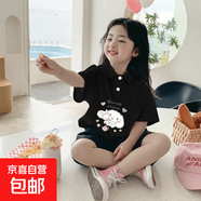 夏季女童短袖polo衫上衣外穿學(xué)院風(fēng)兒童純棉POLO衫童裝甜美T恤 黑色-玉桂狗和白兔 140 cm
