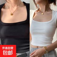 白色辣妹吊帶背心女外穿內(nèi)搭無袖寬肩帶短款方領(lǐng)露臍遮副乳上衣夏 K10-黑色+白色 L 建議體重95-115斤