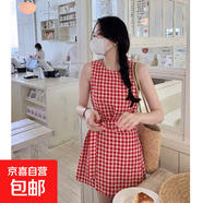 紅色格子顯瘦無袖背心連衣裙子女夏季短裙2025新款海邊度假沙灘裙 紅色 【KK-95650】 XL