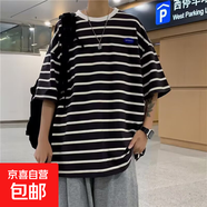 港風(fēng)條紋短袖T恤男女夏季韓版寬松半袖上衣潮流百搭休閑情侶體恤 黑色 XL