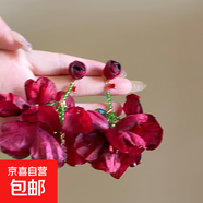 銀針布藝水晶花朵流蘇耳環(huán)拍照氛圍感耳釘森系甜美耳飾送女友禮物 銀針-紅色