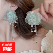 銀針薄紗花朵流蘇耳釘清新森系薄荷綠超仙耳環(huán)小眾夸張設計感耳飾 15#銀針-綠色