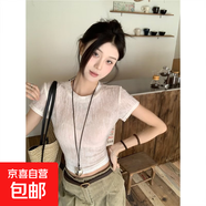 辣妹后背鏤空綁帶短袖T恤2025夏季新款設(shè)計感修身顯瘦短款上衣女 杏色微透 XL