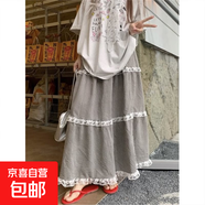 重工蕾絲拼接格子蛋糕裙女春夏季溫柔高腰垂感半身裙a字長(cháng)裙 黑白格 M