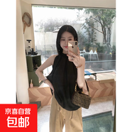 韓系無(wú)袖掛脖襯衫女裝夏季新款時(shí)尚圓領(lǐng)設(shè)計(jì)感別致褶皺藍(lán)色上衣潮 黑色 M