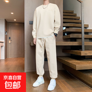 國潮刺繡休閑運(yùn)動套裝男士秋季寬松加大碼長袖T恤衛(wèi)衣衛(wèi)褲兩件套 T05-米色 M