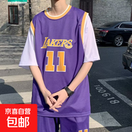 24號籃球服男士短袖套裝夏季冰絲網(wǎng)眼運動(dòng)五分短褲兩件套學(xué)生班服 11號紫色1004 4XL