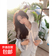 設計感絲巾蕾絲長(cháng)袖襯衫上衣女裝夏季外搭開(kāi)衫慵懶風(fēng)寬松防曬襯衣 藍色 2XL