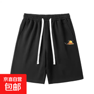 夏季新款美式運動(dòng)五分褲男士寬松直筒休閑短褲女中褲 短褲草帽口袋黑色 XL