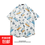 夏威夷冰絲寸衫男士潮牌短袖襯衫男夏季沙灘花襯衣情侶裝寬松外套 5127白色 L