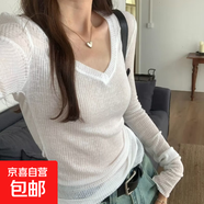 小眾設計感V領(lǐng)透視薄款長(cháng)袖T恤女2025春夏修身顯瘦針織打底衫上衣 白色 S