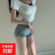 新款夏季女裝高腰提臀顯瘦辣妹牛仔褲短褲側(cè)面小開叉 藍(lán)色 3XL