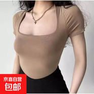 酒紅短袖T恤女2025新款法式u型方領(lǐng)上衣修身顯瘦低領(lǐng)打底衫夏 卡其 XL