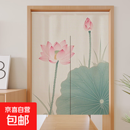 中式荷花門簾隔斷簾家用臥室遮擋簾客廳玄關(guān)布藝半簾衛(wèi)生間隱私簾 半簾-工筆荷花2 70cm*120cm -半開式【送伸縮桿】