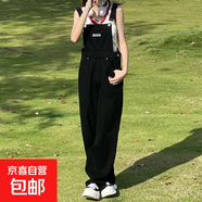 減齡氣質(zhì)設(shè)計(jì)感黑色牛仔背帶褲女寬松秋冬大碼洋氣顯瘦吊帶連體褲 黑色 4XL碼（建議160-180斤）