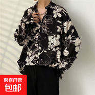 港風(fēng)vintage花襯衫男女復古夏威夷痞帥寬松情侶長(cháng)袖襯衣潮牌外套 黑色 2235 L