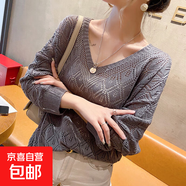 V領(lǐng)鉤花鏤空針織衫罩衫女寬松薄款2023年防曬寬松蝙蝠衫長袖上衣 深灰 均碼