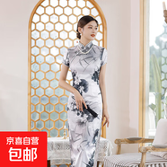新中式水墨畫(huà)改良日?？纱┢炫勰贻p款女短袖修身長(cháng)款連衣裙JQ4 墨染荷花 3XL （135-145斤）