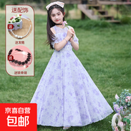 女童連衣裙2025新款兒童裝碎花朵長裙中大童夏季雪紡公主裙子夏裝 086仙紫色+發(fā)箍+鎖骨鏈 150