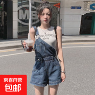 減齡氣質(zhì)設(shè)計感單肩牛仔背帶短褲女2025夏季薄款韓版不規(guī)則連體褲 藍色設(shè)計感背帶短褲單款 M