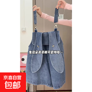減齡氣質(zhì)大碼多巴胺牛仔背帶短褲女兔耳朵洋氣顯瘦吊帶連體褲胖mm 藍(lán)色 S