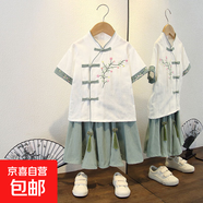 漢服女童夏款新款中國古風(fēng)超仙盤(pán)扣女寶寶夏季裙子兒童唐裝套裝 吊穗裙套裝綠色 140