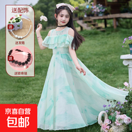 女童裙子夏季2025新款女孩洋氣夏日沙灘公主裙兒童夏款雪紡連衣裙 W101綠色+發(fā)箍+鎖骨鏈 130