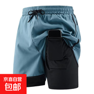 跨境假兩件運動(dòng)三分褲防走光雙層運動(dòng)三分褲男女情侶跑步短褲戶(hù)外 霧藍 1920 3XL