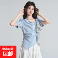 褶皺氣質(zhì)收腰短袖T恤女蝴蝶結小衫春季新款不規則上衣 淺藍色 M