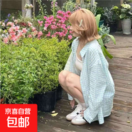 韓系慵懶風(fēng)藍綠色格紋POLO領(lǐng)襯衣女夏季多巴胺薄款寬松防曬上衣 藍綠色 2XL 建議130-150斤
