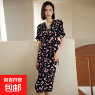 【伊芙麗制造商】復(fù)古印花連衣裙女夏季法式高級(jí)感氣質(zhì)顯瘦裙子 黑底粉花 M