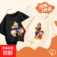 2025年新款豬豬俠兩件裝100%純棉兒童短袖T恤豬豬俠卡通印花圖案 黑-豬豬俠三人+杏色-豬豬俠倆人 100