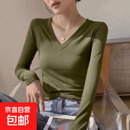 靜甜媛螺紋純色V領(lǐng)打底衫內搭秋冬季修身百搭長(cháng)袖t恤女上衣服 摩卡綠 2XL （001）
