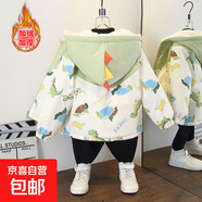 寶寶秋冬新款時尚撞色連帽外套女童洋氣字母印花加絨棉衣 拼接恐龍加絨外套綠色 110